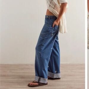 Free People We The Free Palmer Cuffed Jeans sz 30 sz L Excellent $128 Wide Leg